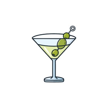 A minimalist illustration features a martini glass filled with a clear liquid and garnished with skewered olives. The design is clean and simple, perfect for representing cocktails, bars, or happy