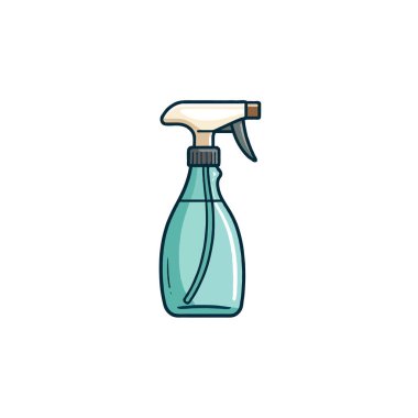 This vector image showcases a clear, stylized spray bottle filled with turquoise liquid. Featuring a white spray nozzle, it represents cleanliness, hygiene, and common household use with a