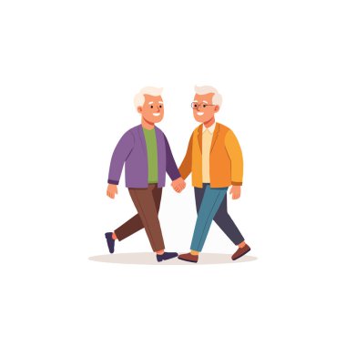 A charming illustration depicts two older men, possibly a couple, walking comfortably and holding hands. Their relaxed posture and serene expressions suggest a close, loving bond. The image evokes
