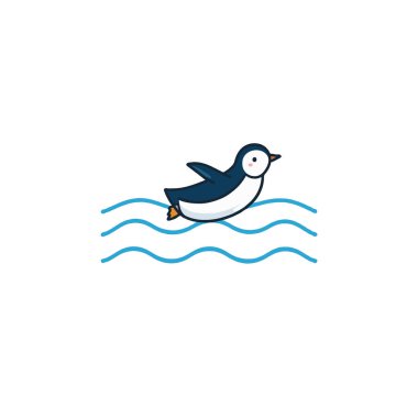A delightful illustration portrays a charming penguin joyfully gliding through playful blue waves. The minimalist design and clean lines evoke a sense of effortless motion and aquatic serenity. This