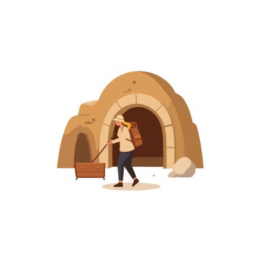 A flat illustration showcases an explorer exiting a cave. Wearing a backpack, she pulls a chest filled with discoveries. This depiction reflects adventure, exploration, treasure hunting, and the