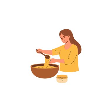 A cartoon illustration shows a woman stirring honey in a bowl, preparing a homemade dessert or recipe. The focus is on the golden liquid and the simple, natural process of creating something sweet.