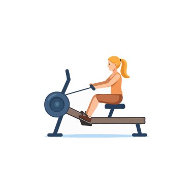A blonde woman is exercising on a rowing machine. This activity improves fitness, strength, and endurance. She is working out indoors and is athletic and pulling the ropes with determination to