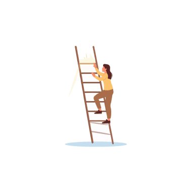 A woman climbing a ladder represents aspiration, advancement, and achieving goals. The visual symbolizes overcoming obstacles and reaching new heights in various aspects of life, such as career,