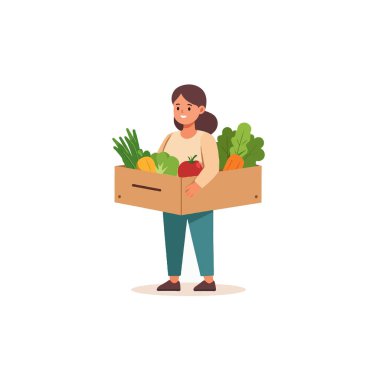 A young woman is depicted holding a wooden crate filled with freshly harvested organic fruits and vegetables. She is shown with a smile on her face, exuding happiness and health, suggesting a