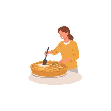 A cheerful woman carefully prepares a homemade pie in her kitchen. This illustration highlights the joy of baking and the simple pleasure of creating a delicious dessert with thoughtfully assembled