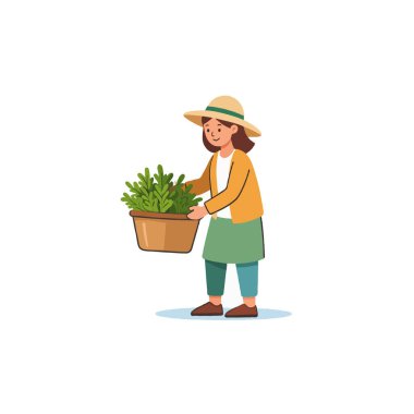 A serene vector illustration displays a woman wearing a hat, nurturing a potted plant. This scene illustrates a peaceful activity, emphasizing the woman's connection with nature and her passion for