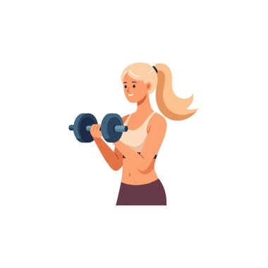 A blonde woman is depicted doing bicep curls using dumbbells. The image portrays a dedication to strength training. She is building muscle, working towards her wellness goals, and staying healthy.