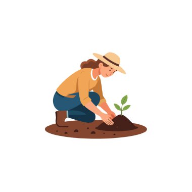 The woman, wearing a hat, attentively plants a young sapling, showing dedication to sustainable living, gardening and the promise of growth through careful nurturing. This action embodies