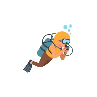 Cartoon drawing depicts a scuba diver underwater. The diver is equipped with a mask, snorkel, air tank, and fins for underwater exploration. The illustration captures a scuba diving adventure.