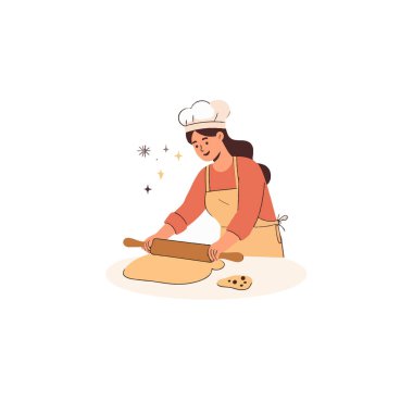 An illustration of a female chef attentively rolling out dough on a clean surface. She wears a chef's hat and apron, suggesting a professional or home baking setting. Sparks or sparkles are added