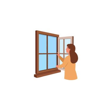A woman opens a window to let fresh air and sunlight into her home. This illustrates the importance of interior ventilation, enhancing the environment, promoting relaxation, a clear view, and a