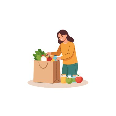 A woman is depicted organizing an assortment of fresh groceries into a reusable shopping bag at her home, emphasizing sustainable living and a focus on nutritious and wholesome food choices while