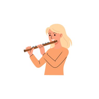 Illustration of a blonde woman playing the flute with grace and expression. This simple design captures a moment of musical creativity, demonstrating focused practice and artistic talent, perfect