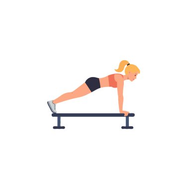 An illustration showing a woman working out in a gym or at home, performing a plank exercise on a bench. This pose demonstrates fitness, core strength, and a commitment to a healthy lifestyle. The