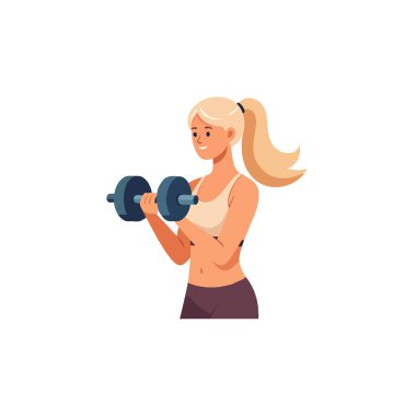 A blonde woman engaging in a focused fitness routine. She is performing bicep curls with dumbbells. Highlighting strength training, muscle building, gym activity, and the pursuit of a healthy and
