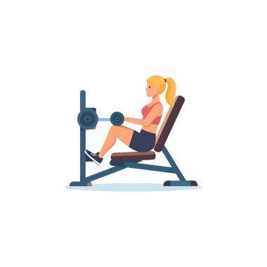 Bir illüstrasyonda kırmızı bluzlu ve siyah şortlu sarışın bir kadın spor salonundaki bir ağırlık makinesinde baldırlarını kaldırırken görülüyor. Bacak kaslarını geliştirmek için egzersize odaklanmış durumda.