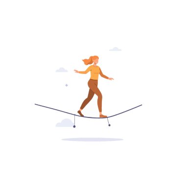 Dengeli bir kadın, askıya alınmış bir ipte ustalıkla manevra yapar. Denge, kararlılık ve minimalist bir zemine odaklanma. Bu kavramsal illüstrasyon hırsı, meydan okumayı çağrıştırıyor.
