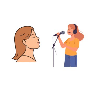 Genç bir kadın tutkuyla stüdyoda bir mikrofona şarkı söylüyor, o anda kaybolmuş. Onun kapalı gözleri onun hislerinin derinliğini gösteriyor. İllüstrasyon şarkı söylerken yaratıcılık ve neşe hissi uyandırıyor.