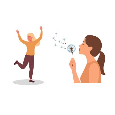 Tuhaf bir illüstrasyon neşe ve sükunetin özünü yakalar. Sevinçli bir kadın coşkulu bir hareketle saf mutluluğu ifade ederken, dingin bir kız hafifçe karahindiba tohumları üflerken,