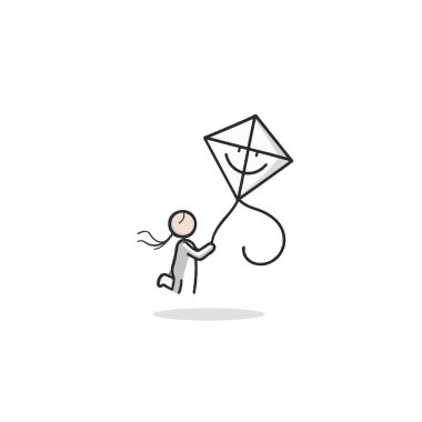 Basit bir çizgi, gülen yüzlü bir uçurtmayı neşeyle uçuran bir çöp adam tasvir ediyor. Minimalist stil ve beyaz arka plan çocukluk oyununun kaygısız doğasını ve sınırsızlığı vurgular.