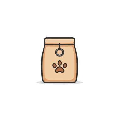 Basit bir grafik tasvirinde, merkezi bir pençe iziyle tanımlanabilen bir çanta dolusu evcil hayvan yiyeceği gösteriliyor. Torbanın doğal bej rengi, prim isteyen hayvan sahiplerine cazip gelen doğal malzemeler olduğunu gösteriyor.