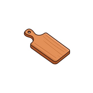 Beyaz zemin üzerine kurulmuş basit bir tahta kesme tahtasının vektör çizimi. Çizgi film tarzında hazırlanan resim, tahtanın şekline ve ana hatlarına odaklanır. Renk paleti bastırıldı,