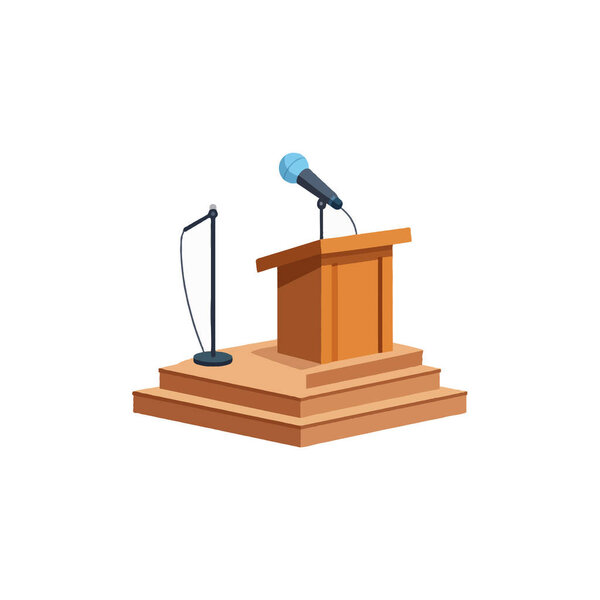 A simplified illustration depicts a wooden podium with a microphone on top, set upon a small stage. A second microphone stands nearby, ready for use. This image suggests scenarios like public