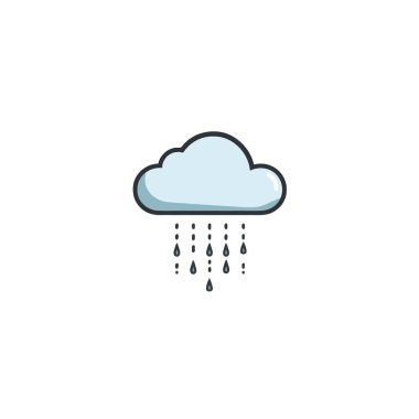 Minimalist bir illüstrasyonda siyahla özetlenmiş tüylü bir bulut yer alır ve aşağıda stilize yağmur damlaları yağdırır. Bu basit vektör grafiği yağmuru, hava koşullarını ve doğanın