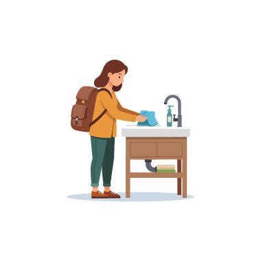 Sırt çantalı genç bir kadın lavaboda ellerini sabunla özenle yıkıyor ve el hijyeninin önemini vurguluyor. Bu uygulama mikropların yayılmasını önlemek için çok önemlidir.