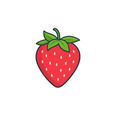 Tarzlı bir illüstrasyonda parlak kırmızı bir çilek sunulur, küçük tohumlar ve canlı yeşil yapraklarla süslenir, temiz bir arkaplan üzerine kurulmuştur. Oyuncu tasviri bir his uyandırıyor.