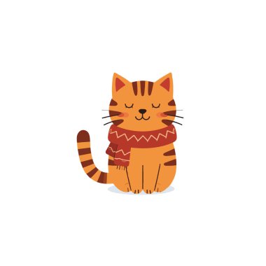 Portakal renkli tekir kediyi sergiliyor. Sıcak, desenli bir eşarba sarılmış. Minimalist tasarım ve neşeli ifade, sevimli bir sonbahar havası yakalayıp,