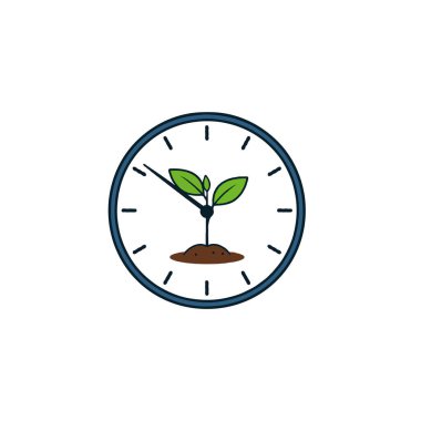 Bir saat çerçevesinde topraktan filizlenen bir bitki olarak sunulan büyümeyi beslemenin önemini sembolize eden görsel bir temsil. İllüstrasyon gelişimi somutlaştırır,