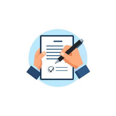 Canlı bir vektör sanatı, parlak bir siyah kalemle bir belgeyi dikkatlice imzalarken iki elini resmediyor. Bu anlaşma ve resmi onayı iletir. Görüntü formaliteleri, kabulü ve