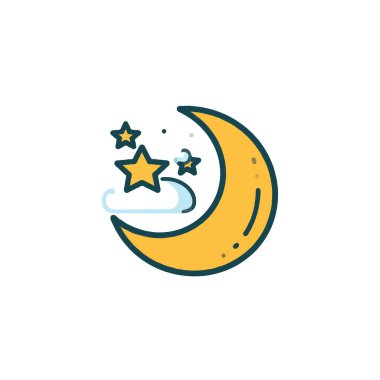 Bu basit ve sevimli vektör illüstrasyonunda parlak yıldızlarla çevrili bir hilal ışığı bulutu var. Rüya gibi bir gece göğünü, göksel büyüyü ve huzur duygusunu çağrıştırıyor.