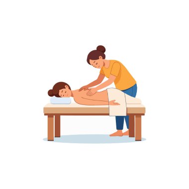 Bir kadının terapistten sırt masajı aldığını gösteren bir resim. Sahne rahatlama ve terapi hizmetlerini iletir, profesyonel dokunuşla genel olarak arasındaki bağlantıyı vurgular