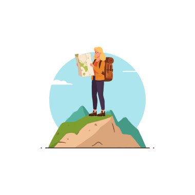 Kararlı bir kadın bir dağın zirvesine ulaşır ve haritasına bakmak için durur. Sırt çantası ve rehberleri olarak kararlılığıyla doğaya dalmış. Bu keşif ve ruhun sembolüdür.