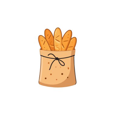 Siyah bir iple bağlanmış kahverengi bir kağıt torba resmi, taze pişmiş baget ile dolu, basit ve zanaatkar bir estetik tasvir mutfak veya fırın temalı tasarımlar, çağrıştıran