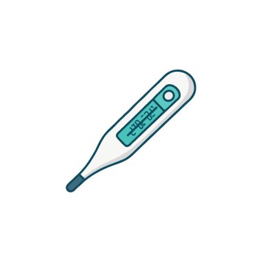 Sıcaklık ölçümünü gösteren net ekran ekranlı dijital termometrenin bir çizimi. Tasarım, sıkça sağlık hizmetlerinde kullanılan vücut ısısını ölçmek için yaygın bir aracı önermektedir.