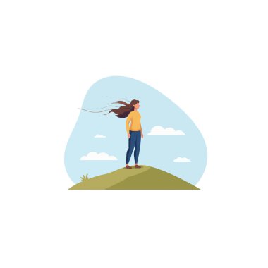 Yalnız bir kadın çimenli bir tepenin üzerinde duruyor, saçları rüzgarda uçuşuyor, gökyüzüne ve bulutlara bakıyor. Bu görüntü bir huzur, özgürlük ve içgözlem duygusunu çağrıştırıyor.