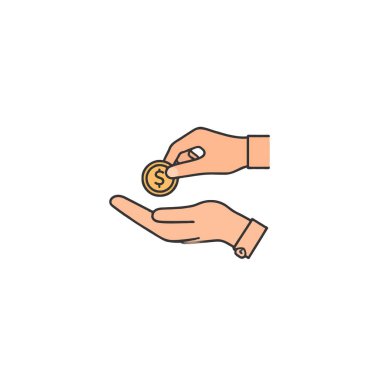 İki eli tasvir eden basit bir resim çizimi, biri bir bozuk para vermeye hazırlanırken, diğeri de onu almaya uzanır. Bu görüntü bağış kavramını temsil ediyor, maddi destek sunuyor.,