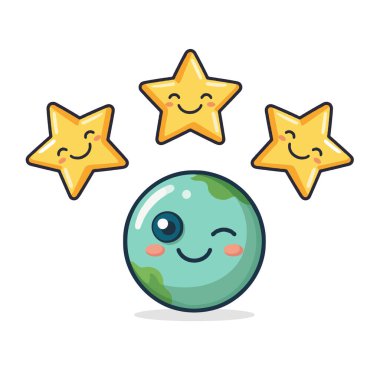 Neşeli bir illüstrasyon sevimli bir yerküre karakterinin neşe içinde göz kırpışını tasvir ediyor. Dünyanın dört bir yanında gülümseyen üç yıldız neşe ve pozitifliği çağrıştıran keyifli ve kaprisli bir sahne yaratıyor.,