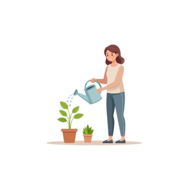 Sıradan giyinmiş genç bir kadın, parlak, minimalist bir alanda saksı çiçeklerini mavi bir sulama kutusuyla suluyor. Bitkileri besliyor, rahat ve huzurlu bir şekilde büyümelerine yardım ediyor.