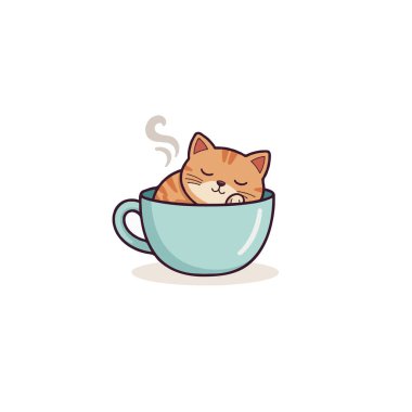 Küçük bir turuncu tekir kedi yavrusunun büyüleyici bir çizimi açık mavi bir fincanın içinde mışıl mışıl uyuyor, yukarıdan yükselen hafif buharla bir sıcaklık ve sakinlik hissi yaratıyor, tatlı ve huzurlu bir görüntü..
