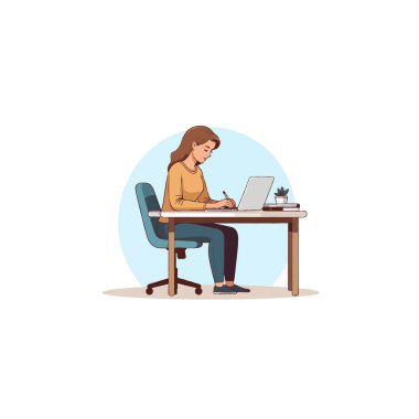 Odaklanmış bir kadın, modern ofis ortamını somutlaştıran bir dizüstü bilgisayarla masasında çalışıyor. İllüstrasyon verimliliği ve yaratıcı süreci sembolize eder, kendini adamışlığı ve