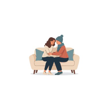 Bu resimde iki kişi, mavi yastıklı ve nötr renkli bir kanepede, derin bir bağ kuran, sıcaklık ve karşılıklı destek sunan iki kişiyi tasvir ediliyor. Bu bir keşif.