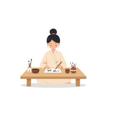 Basit bir bornoz giymiş genç bir kadın, düşük ahşap bir masada, yazı sanatına dikkatle odaklanmış, kaligrafi üzerinde dikkatle çalışıyor. Sessiz konsantrasyonda ilham ile yaratıyor. Bu...