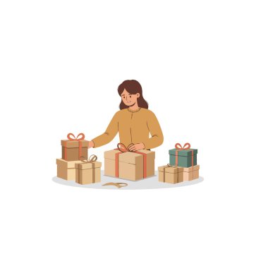 Bir illüstrasyonda hediyeleri özel bir olaya hazırlanan hediye yığınlarıyla çevrili kurdelelerle dikkatlice paketleyen bir kadın tasvir ediliyor. Ayrıntılı bir dikkatle gösteriliyor, sıcaklığı ve sıcaklığı yayıyor.