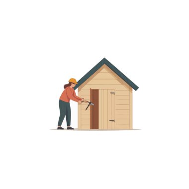 Bir illüstrasyonda, işçiliği ve inşaatı sembolize eden çekiç kullanarak bir barakayı tamir eden odaklanmış bir kadın müteahhit tasvir ediliyor. Olay yeri inşaat sürecini vurguluyor.