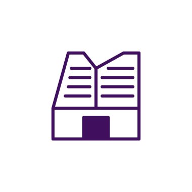 Basit bir çizim modern bir ofis binasını temsil ediyor. Minimalist stil, geometrik şekiller ve mor renk çağdaş ve temiz bir estetik yaratır. Mimarlık, tasarım veya